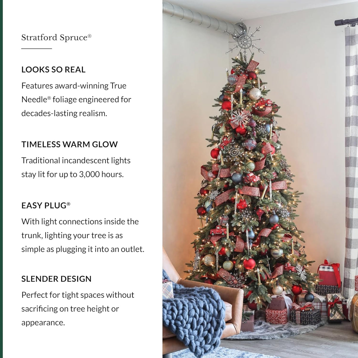 Balsam Hill Stratford Spruce - Slim Artificial Christmas Tree with True Needle Foliage & Premium Stand for Small Spaces, Clear Incandescent, 9ft