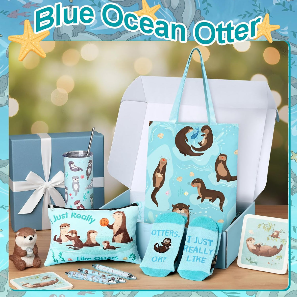 JenPen 10 Pcs Blue Sea Otter Gift Set, 20 oz Tumbler Blanket Socks