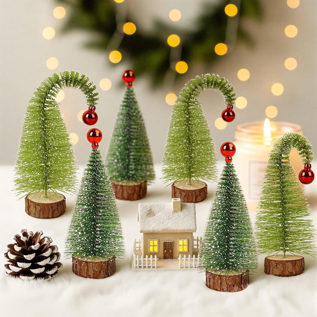 6 Pack 7" Mini Christmas Trees Curved & Straight Bottle Brush Sisal Trees