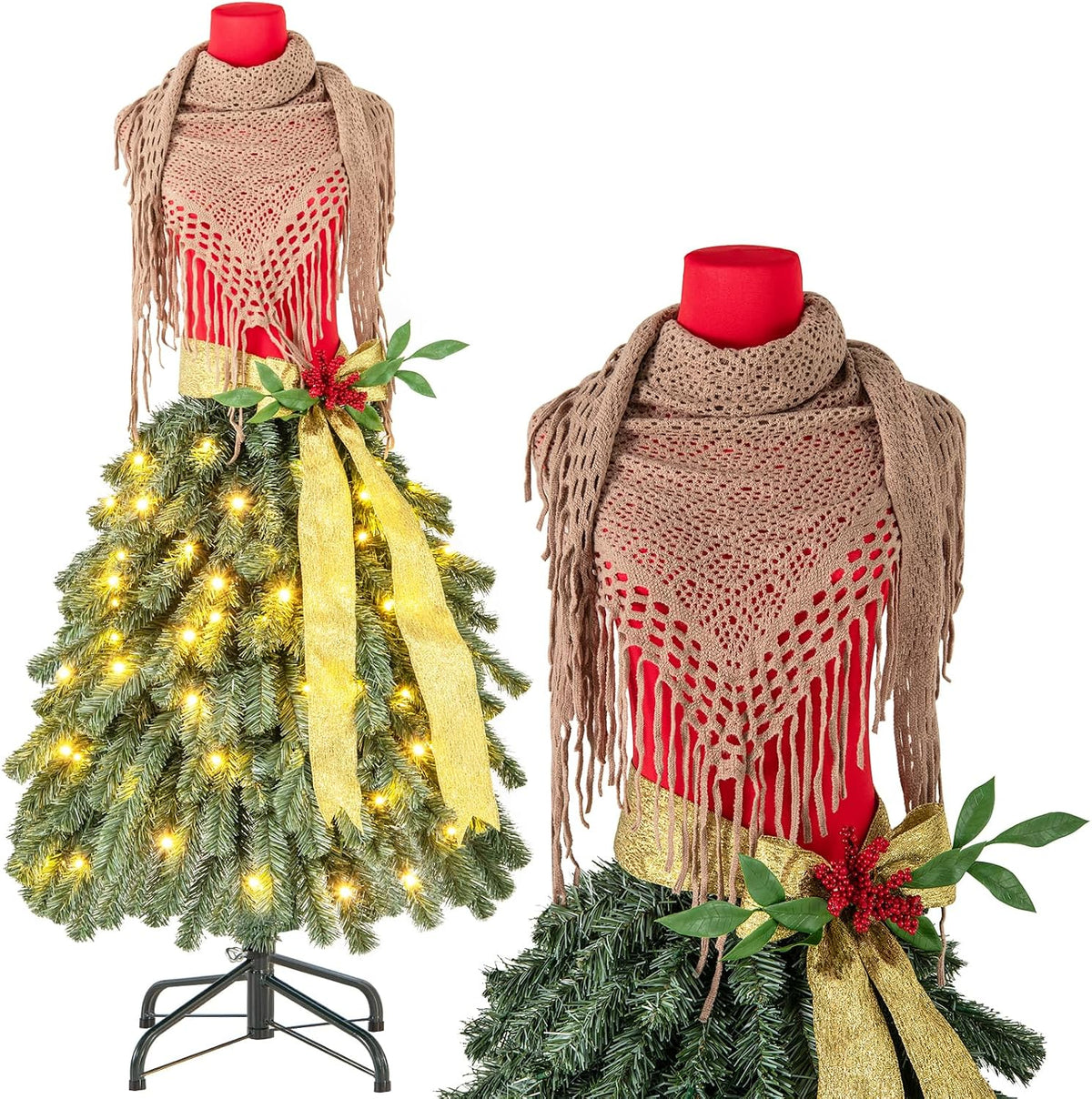 Goplus 5ft Pre-Lit Dress Form Christmas Tree, Artificial Xmas Tree with Female Mannequin Torso, Scarf, 248 Lush Branch Tips, 100 Warm White LED Lights, Metal Stand, Home Office Holiday Decoration