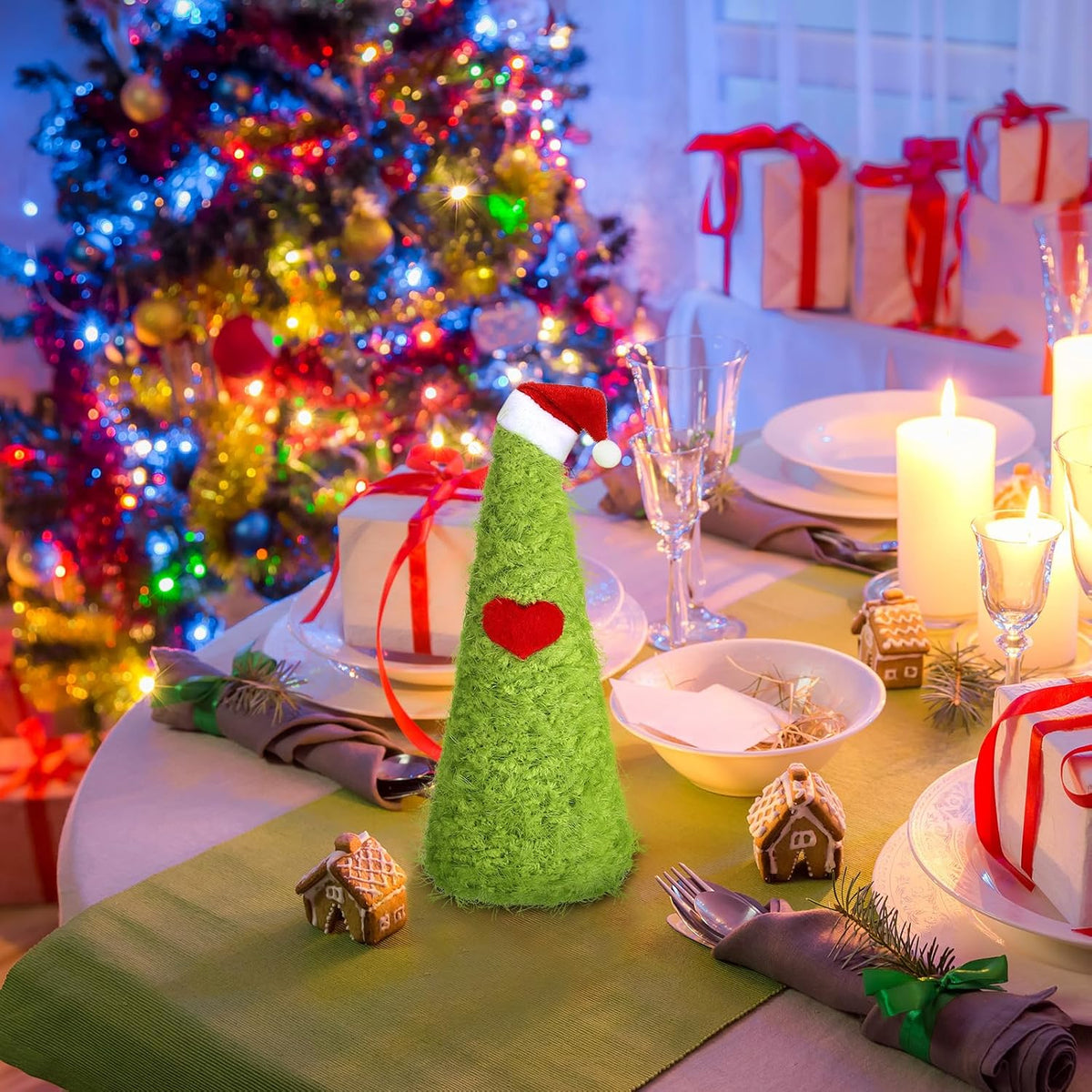Gejoy Lime Green Mini Furry Christmas Tree Tabletop Decor Santa Hat, 9.84"