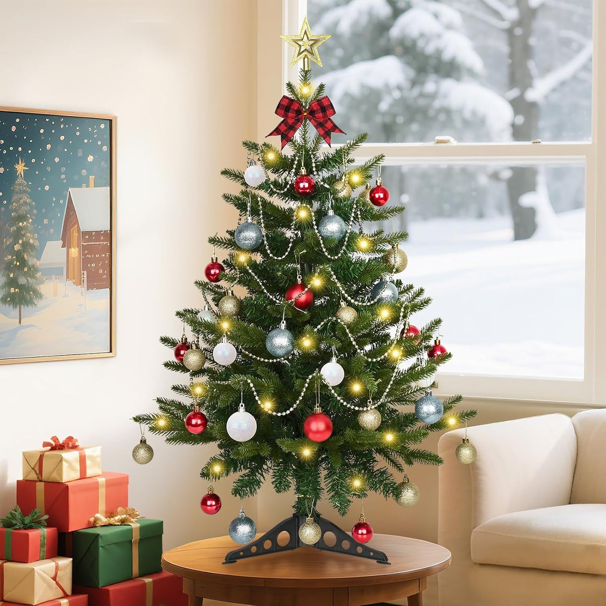 Uspring 3FT Small Christmas Tree with Lights, Artificial Table Top Christmas Tree with 50 LED Lights and Hanging DIY Ornaments, Mini Xmas Trees for Indoor Holiday Home Party Decorations