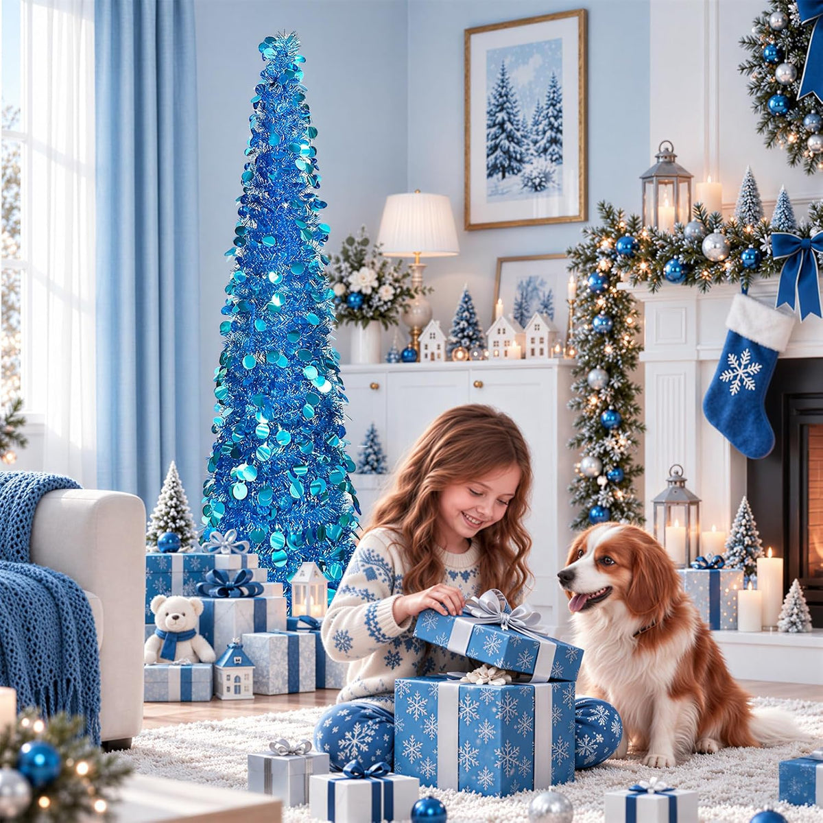 5 FT Pencil Christmas Tree, Collapsible Artificial Sequin Pop Up Christmas Tree, Skinny Pencil Tinsel Christmas Trees, Xmas Tree for Home Apartment Basement Fireplace (Pure Blue)