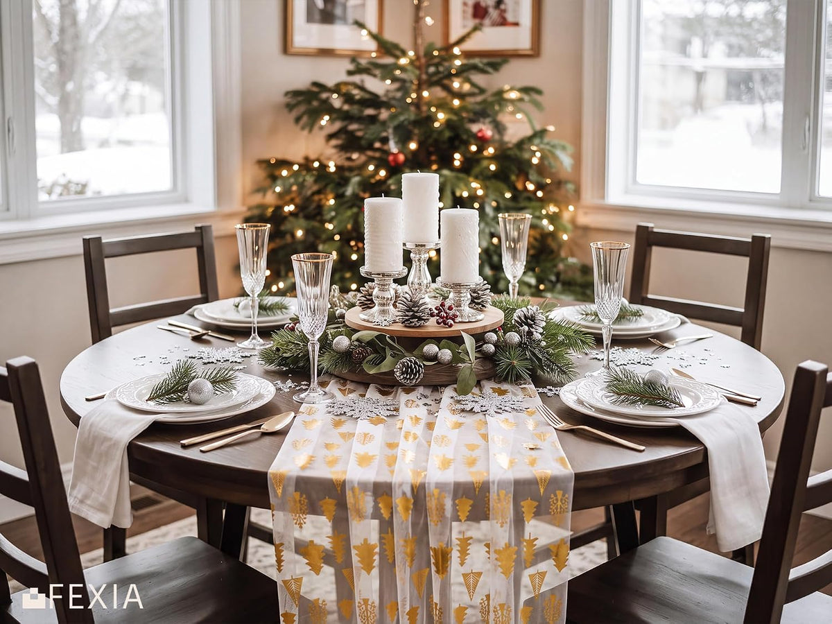 FEXIA Christmas Table Runner, White Tulle Gold Tree Runner, 28x120 Inch