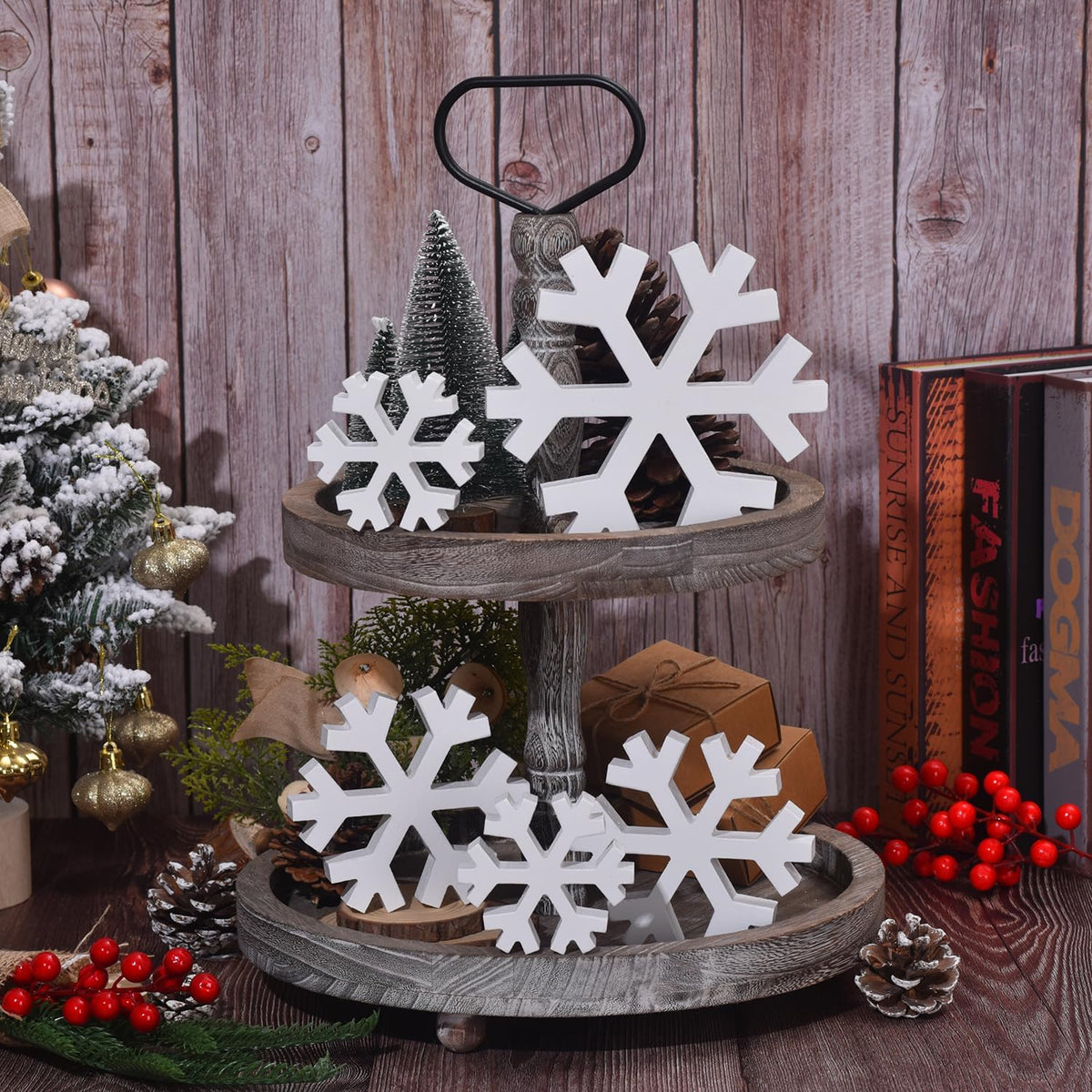Winter Snowflake Decorations, 5PCS Christmas Decor White Standing Wooden Snowflakes Decoration Snow Flakes Ornament with 3 Different Size for Farmhouse Home Kitchen Office Living Room (5 PCS)