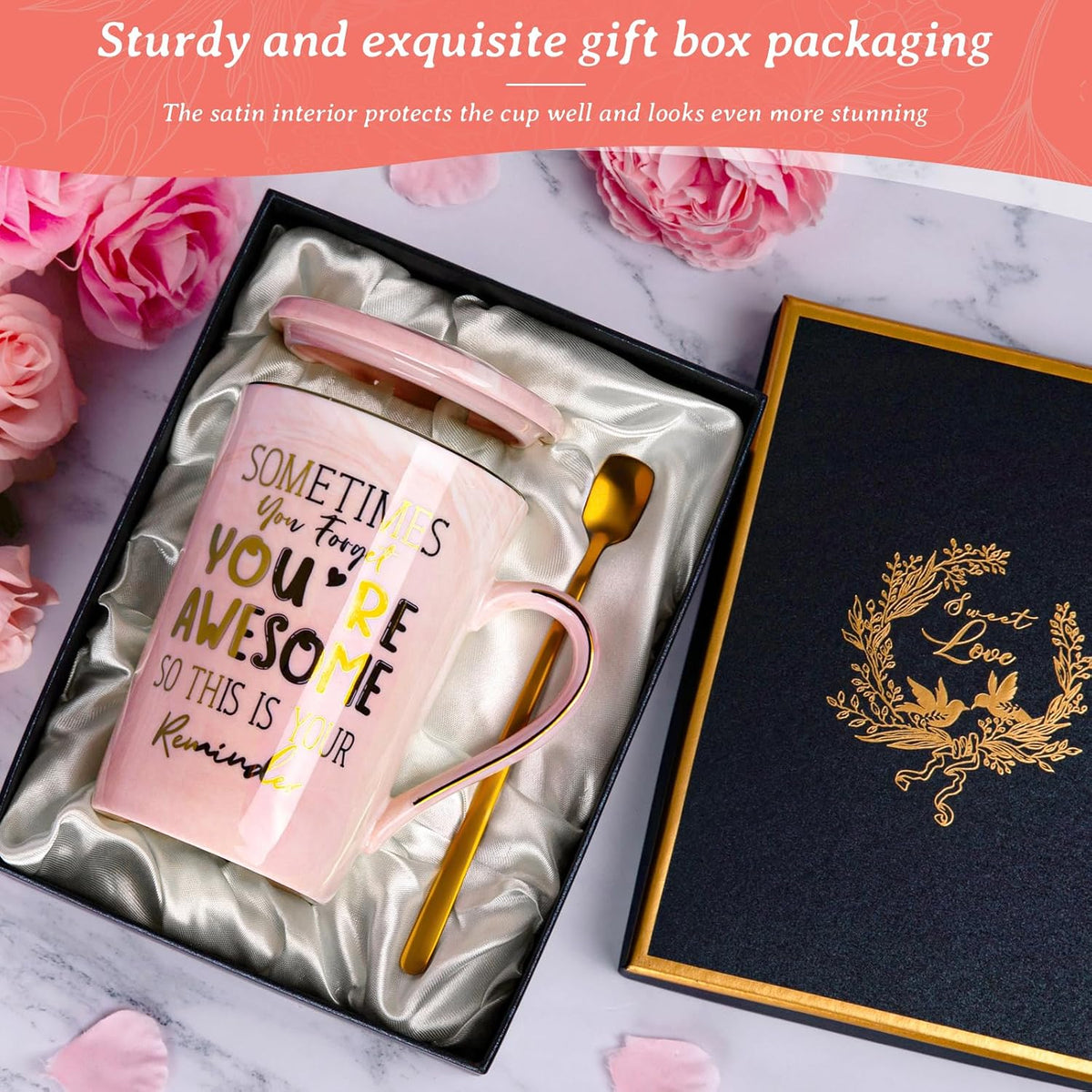 Birthday Thank You Gifts for Women, Pink Marble Gold Print Mug Gift for Her
