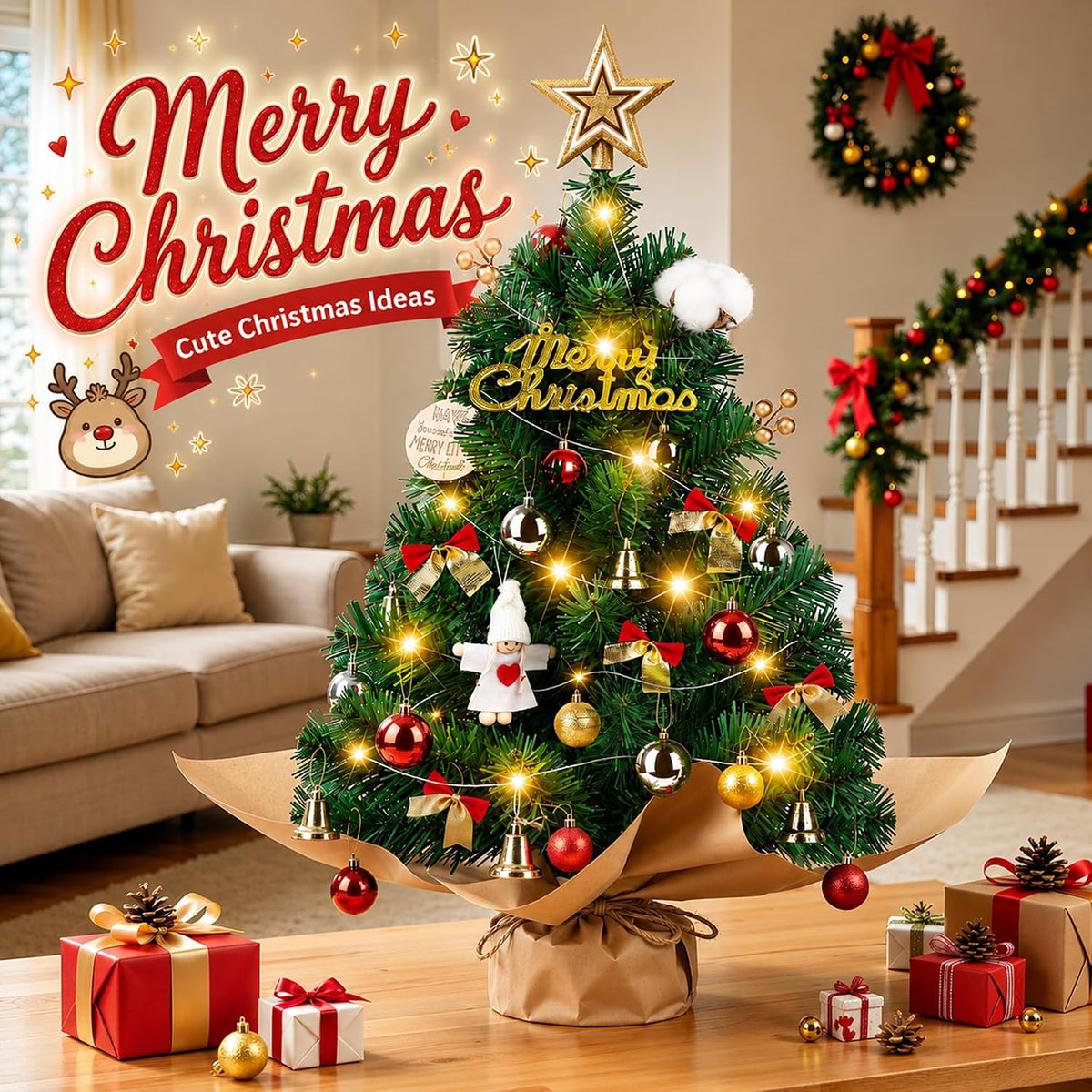 WISELIFE 24" Mini Tabletop Christmas Tree with Lights & Ornaments - Artificial Small Xmas Tree with Angel Decor, Desktop Christmas Decorations for Table, Office, Bedroom, Small Spaces
