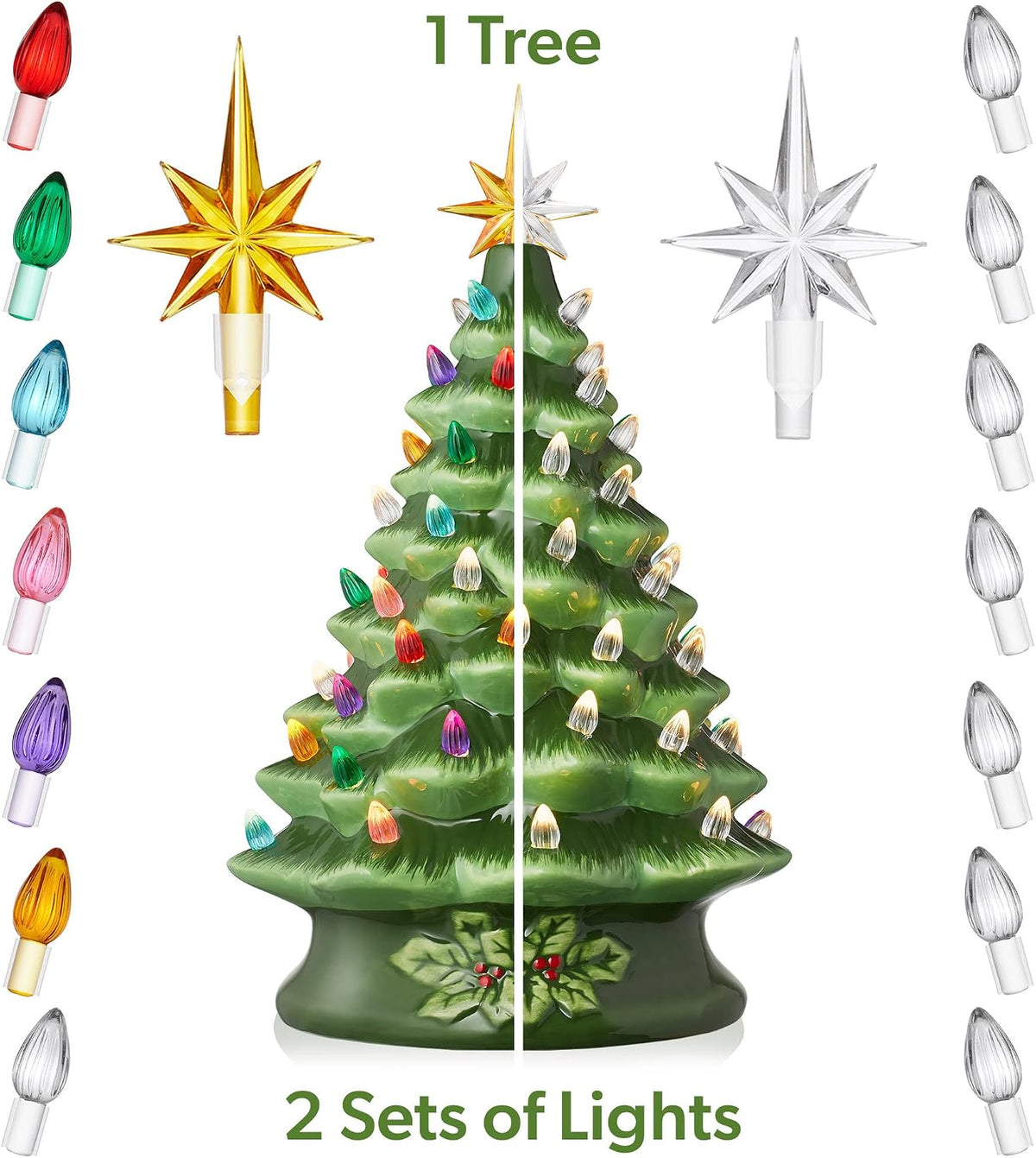 Casafield Hand Painted Ceramic Christmas Tree, Green 15-Inch Pre-Lit Tree with 128 Multi Color Lights and 2 Star Toppers