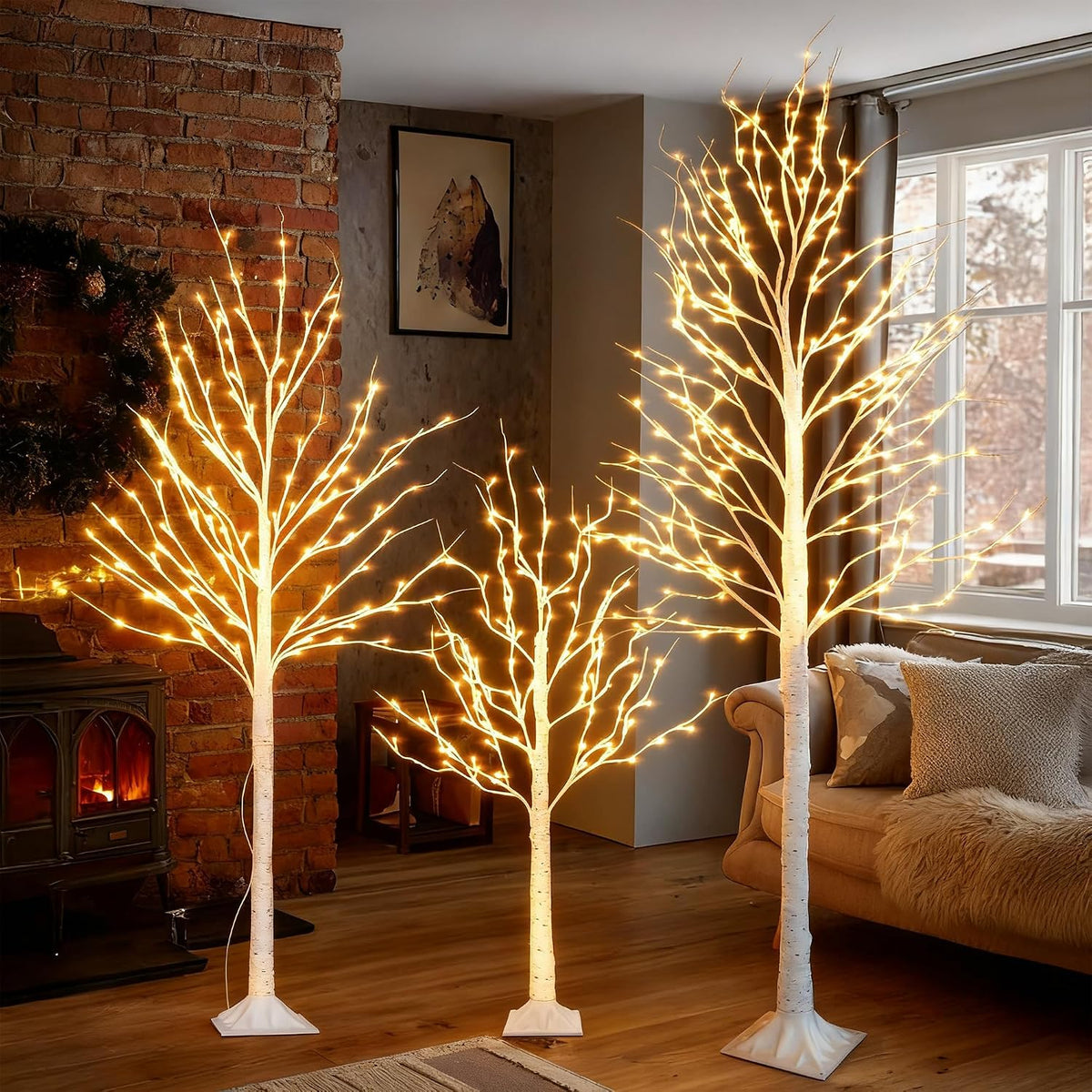 TW SHINE Set of 3 Lighted Birch Tree, 4FT 6FT 8FT White Artificial Christmas Tree with Total 456 LED Light, Prelit Waterproof Christmas Decoration for Indoor Outdoor Thanksgiving Wedding Holiday