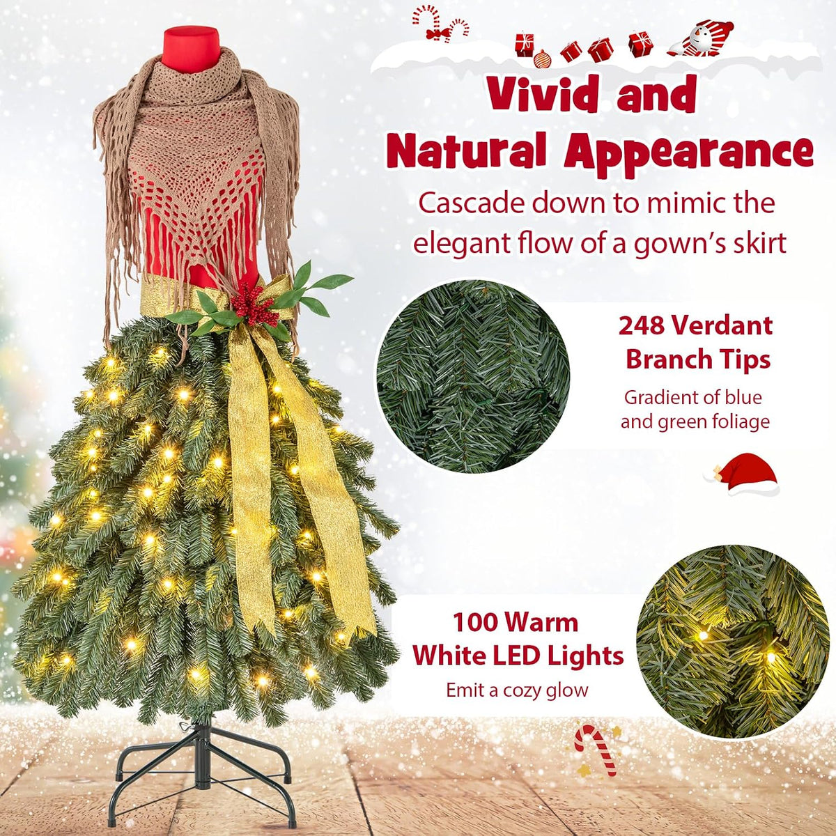 Goplus 5ft Pre-Lit Dress Form Christmas Tree, Artificial Xmas Tree with Female Mannequin Torso, Scarf, 248 Lush Branch Tips, 100 Warm White LED Lights, Metal Stand, Home Office Holiday Decoration