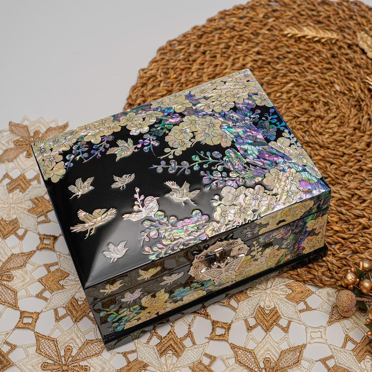 February Mountain Mother-of-Pearl Jewelry Box â€“ Handcrafted Bird & Floral Design, Two-Tier Organizer with Mirror, Black Lacquer Finish, Red Velvet Interior â€“ Christmas Gift for Women