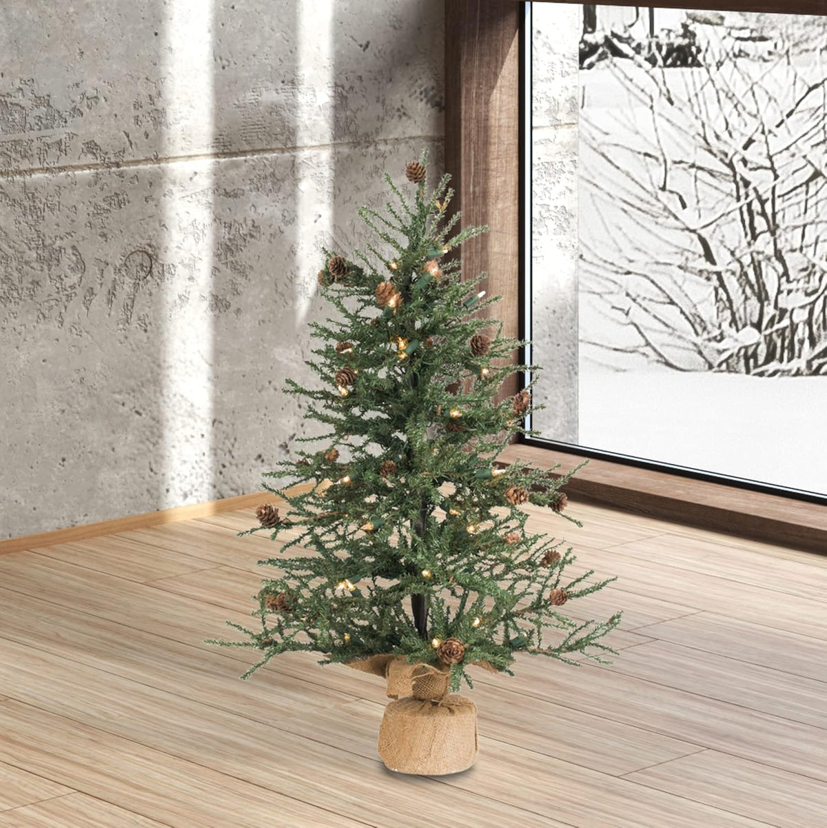Vickerman 30" Tall Caramel Pine Artificial Christmas Tree, 50 Warm White Italian LED Mini Lights, Seasonal Indoor Home Decor with Decorative Burlap Base