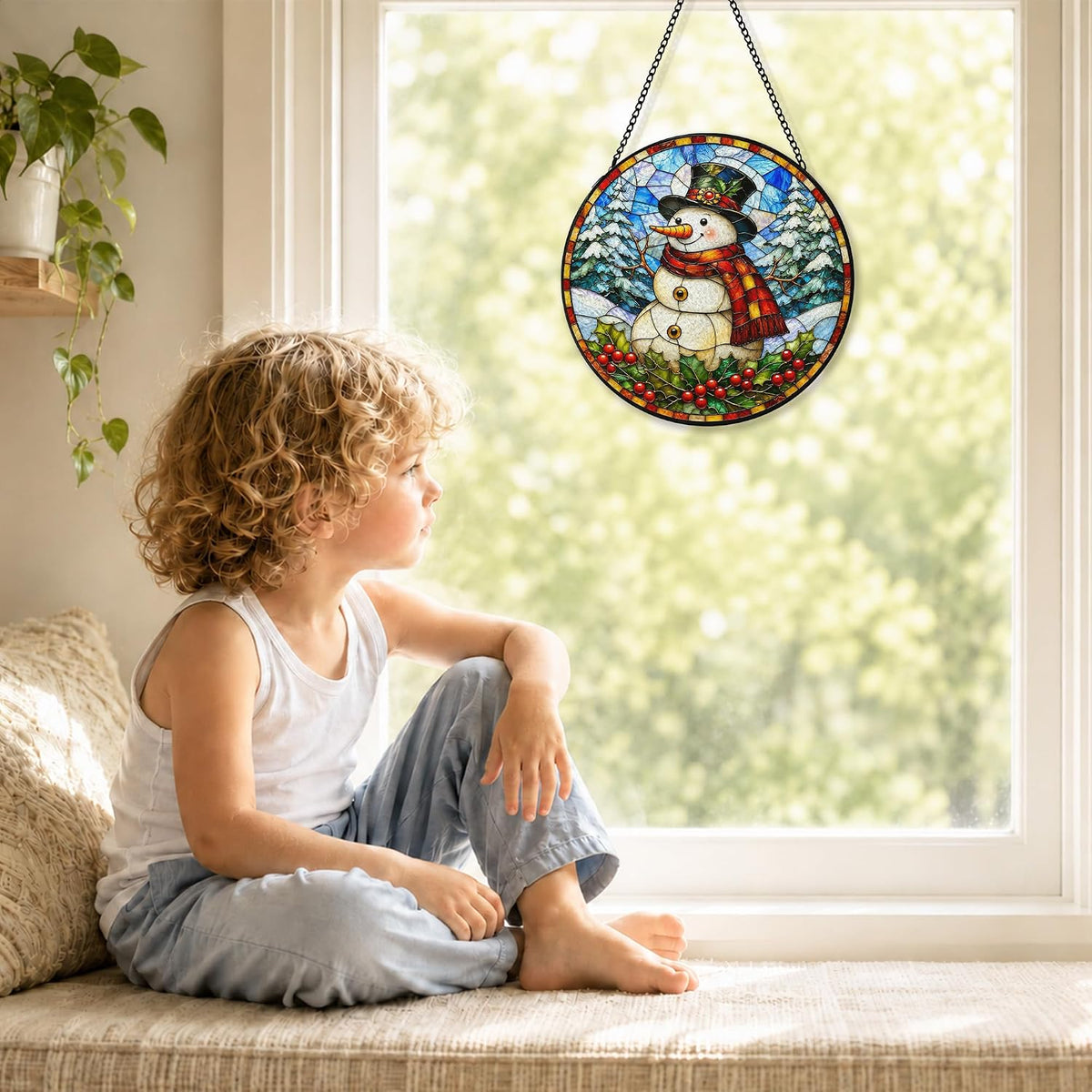 Farmhouse Christmas Snowman Sun Catcher Indoor Window, Christmas Stained Glass Window Hanging, Rustic Snowy Winter Xmas Snowman Forest Suncatcher Decor for Home Room Garden 7.8x7.8in