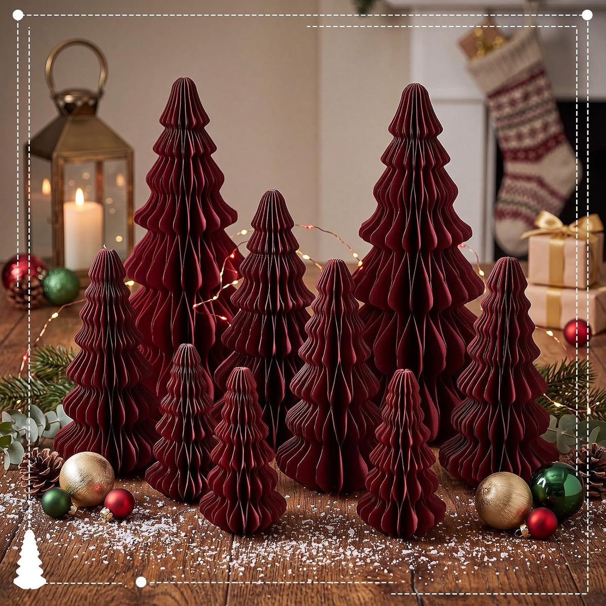Fullhawl 10 Pcs Honeycomb Paper Christmas Tree, Burgundy, 4/6/7/10 Inch