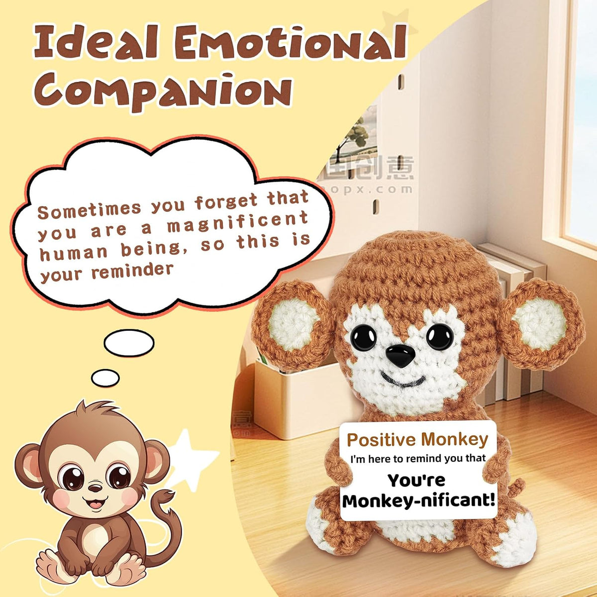 Cute Funny Gift for Her/Him/Friend/Coworker, Positive Crochet Monkey