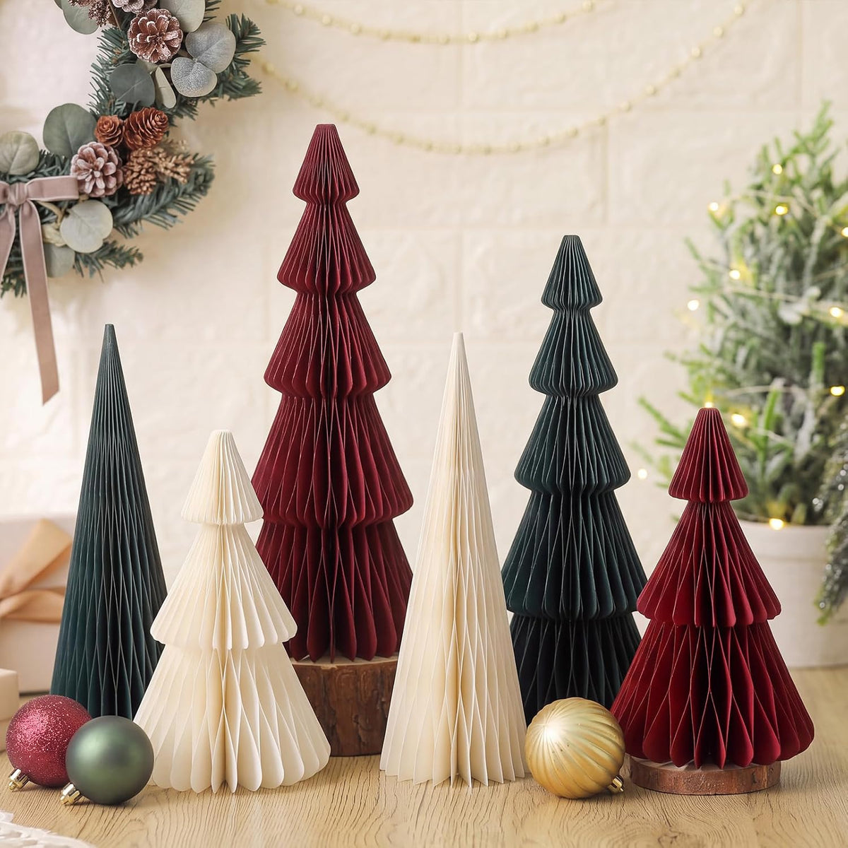 Watersay 6 Pcs Red Green White Honeycomb Paper Christmas Trees Centerpiece