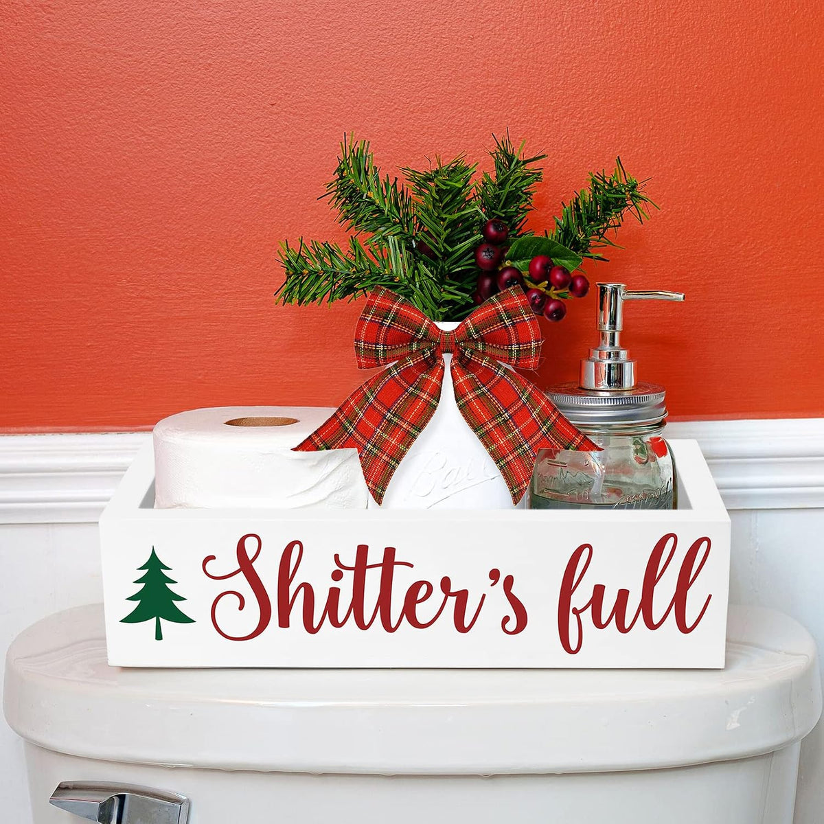 Xylolfsty Christmas Bathroom Wooden Storage Box Funny Holiday Toilet Paper Holder with Xmas Tree Camping Farmhouse Tank Basket Decor Winter Guest Bathroom Xmas Clark Gift Ideas-White