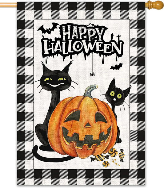 Halloween Pumpkin & Black Cat House Flag 28×40? Double-Sided Burlap Halloween Décor | USA Decoration®