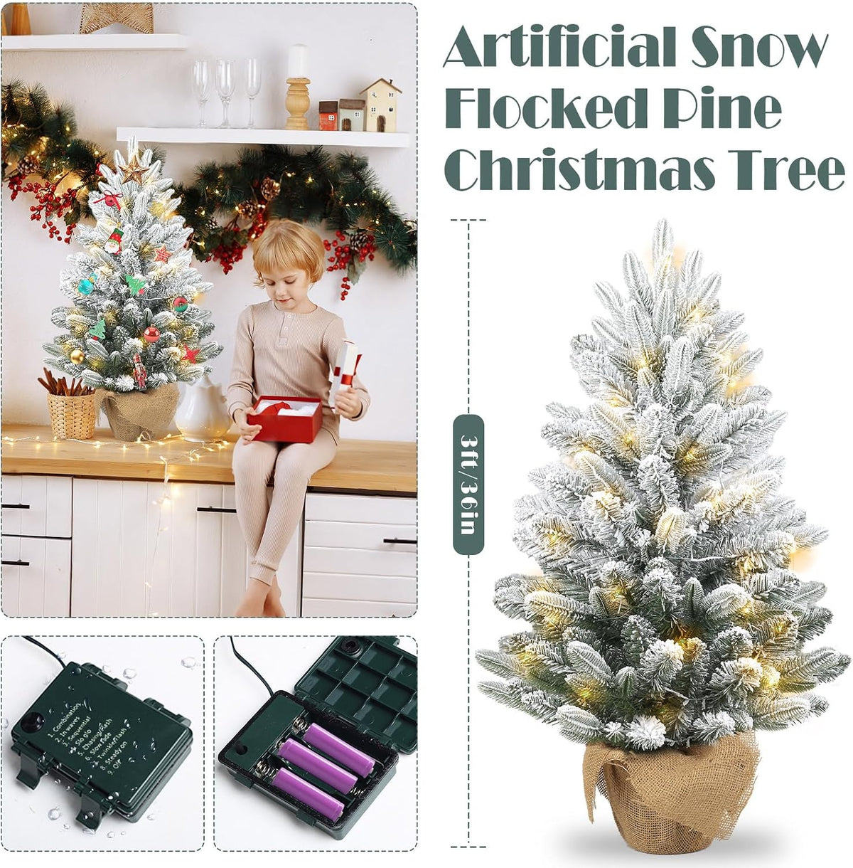 Gfilay 3ft Flocked Prelit Christmas Tree with 60 LED Lights and 8 Modes