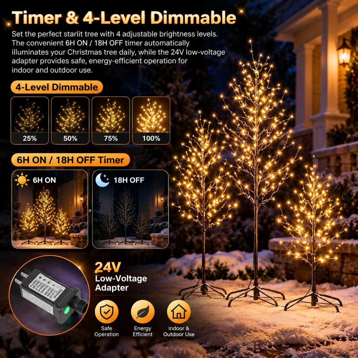 Lightshare Set of 3 Star Light Trees Christmas Decorations, Including 3 feet, 5 feet, and 6 feet, Warm White Christmas Tree, Brown Branch