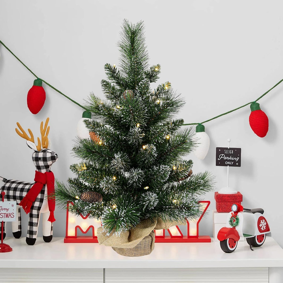 30 Led Warm Lights Pre-Lit Artificial Mini Christmas Tree, 2ft Snow Tipped Pine Artificial Christmas Tree,Seasonal Indoor Home Decor with Decorative Burlap Base