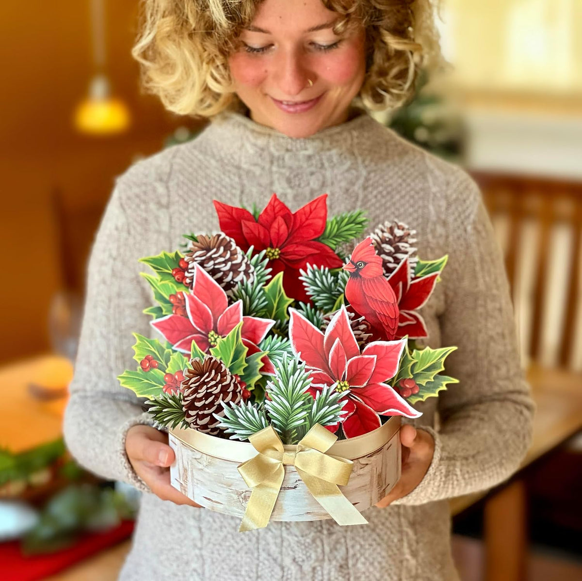 Freshcut Paper Pop Up Christmas Cards, Birch Poinsettia, 10 Inch Life Sized Flower Bouquet 3D Popup Greeting Cards, Christmas Card, Holiday Card, Blank Notecard & Envelope