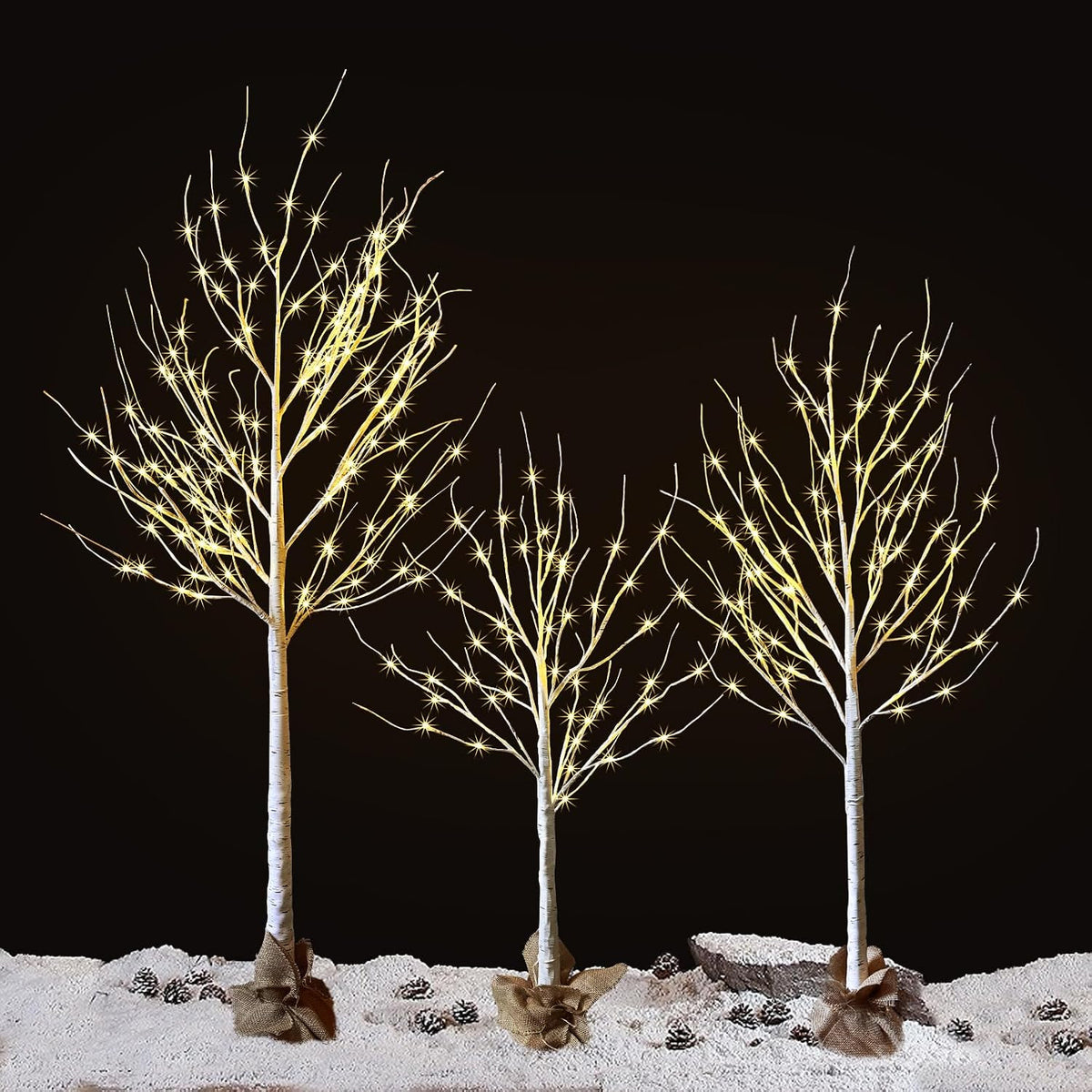 HOLILLUMA Outdoor Christmas Decoration LED Lighted Birch Trees 3 Packs