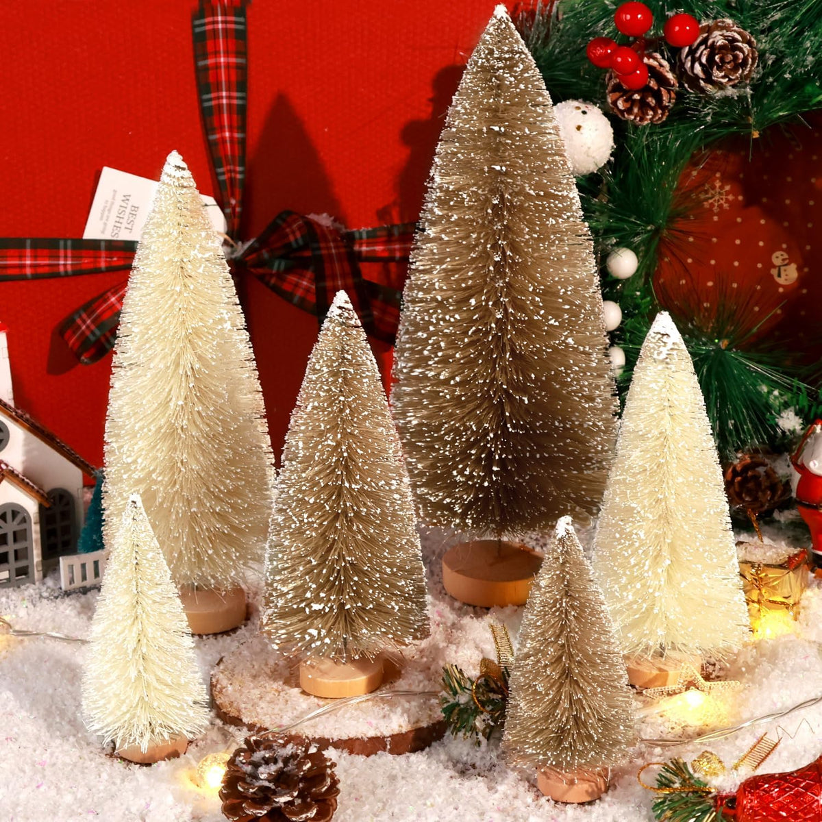 Hatisan 6pcs Mini Christmas Trees Decorations Small Bottle Brush Trees with Wooden Base, Artificial Christmas Trees for Village Tabletop Home Room Party Craft Christmas Decor Indoor(Khaki,Beige)