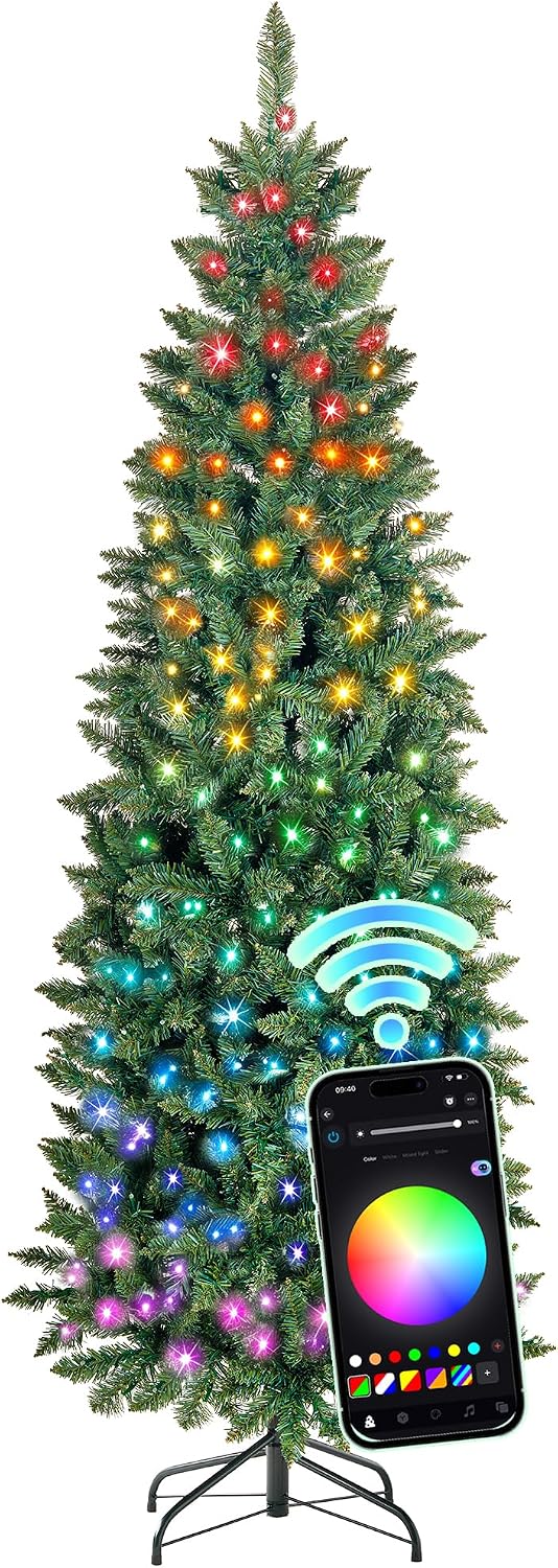 HOLLO STAR 6 ft Prelit Pencil Christmas Tree, RGBW Lights, App Control