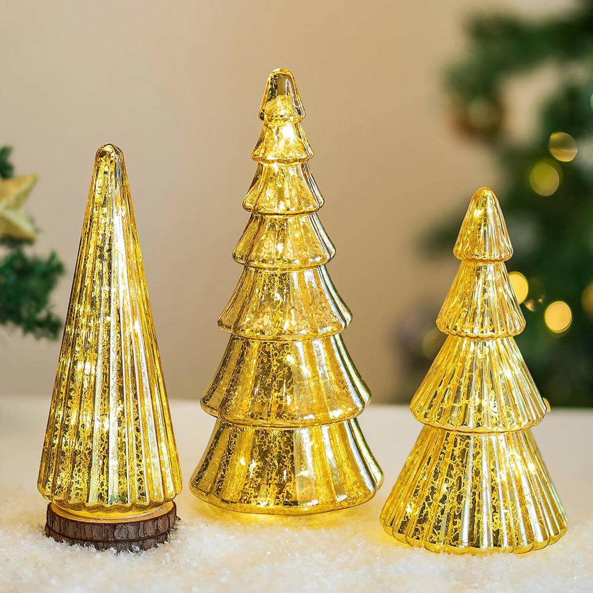 Hewory Mercury Glass Christmas Tree: 3 Pcs Gold Table Decor with LED Lights