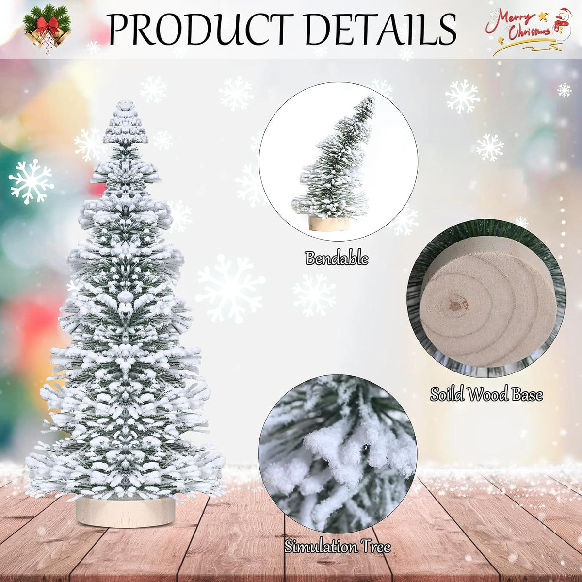 Mini Christmas Tree, Vlorart 4PCS Artificial White Bottle Brush Christmas Trees, Snow Miniature Tree, Small Bristle Christmas Trees, White Flocked Tabletop Tree with Wooden Bases for Xmas Home Decor