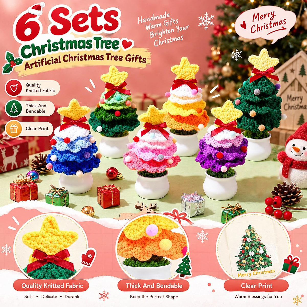 6 Sets Crochet Christmas Tree Gifts with Merry Christmas Cards
