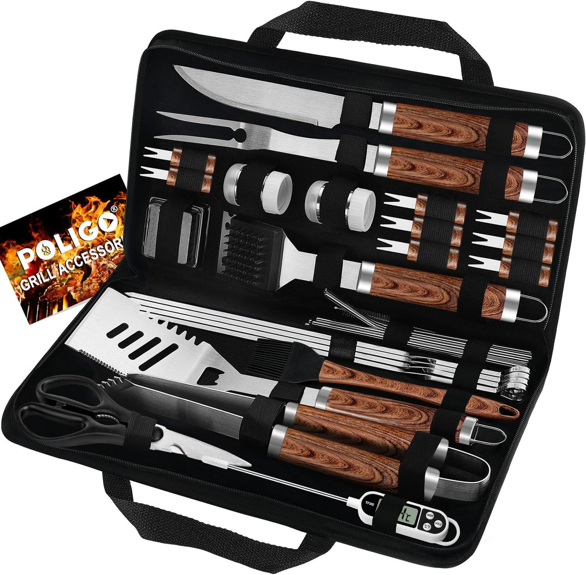 POLIGO 29 PCS BBQ Grill Accessories for Outdoor Grill Set Stainless Steel BBQ Tools Set with Storage Bag for Christmas Dads Birthday Presents - Camping Grill Utensils Set Grilling Gifts for Men Brown