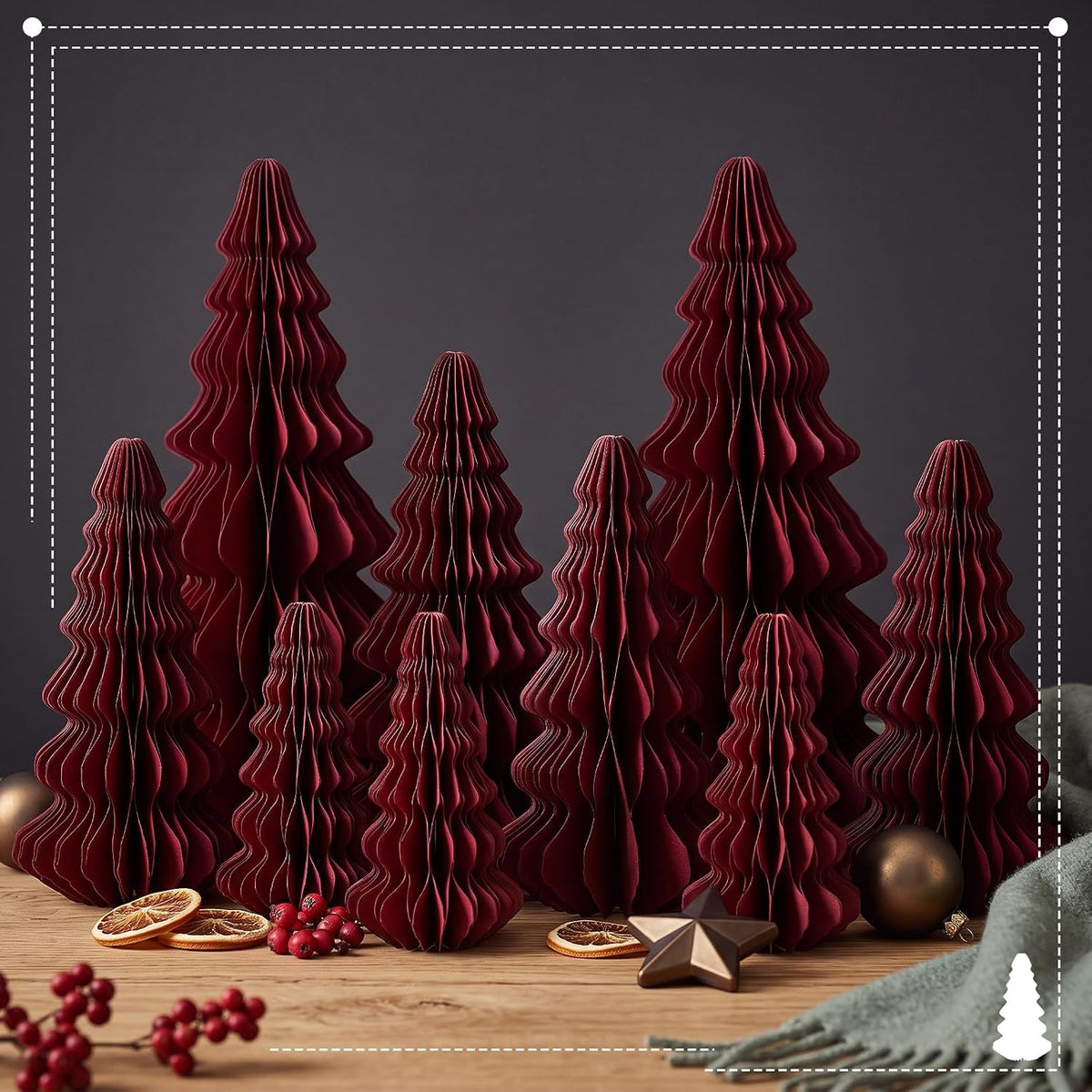 Fullhawl 10 Pcs Honeycomb Paper Christmas Tree, Burgundy, 4/6/7/10 Inch