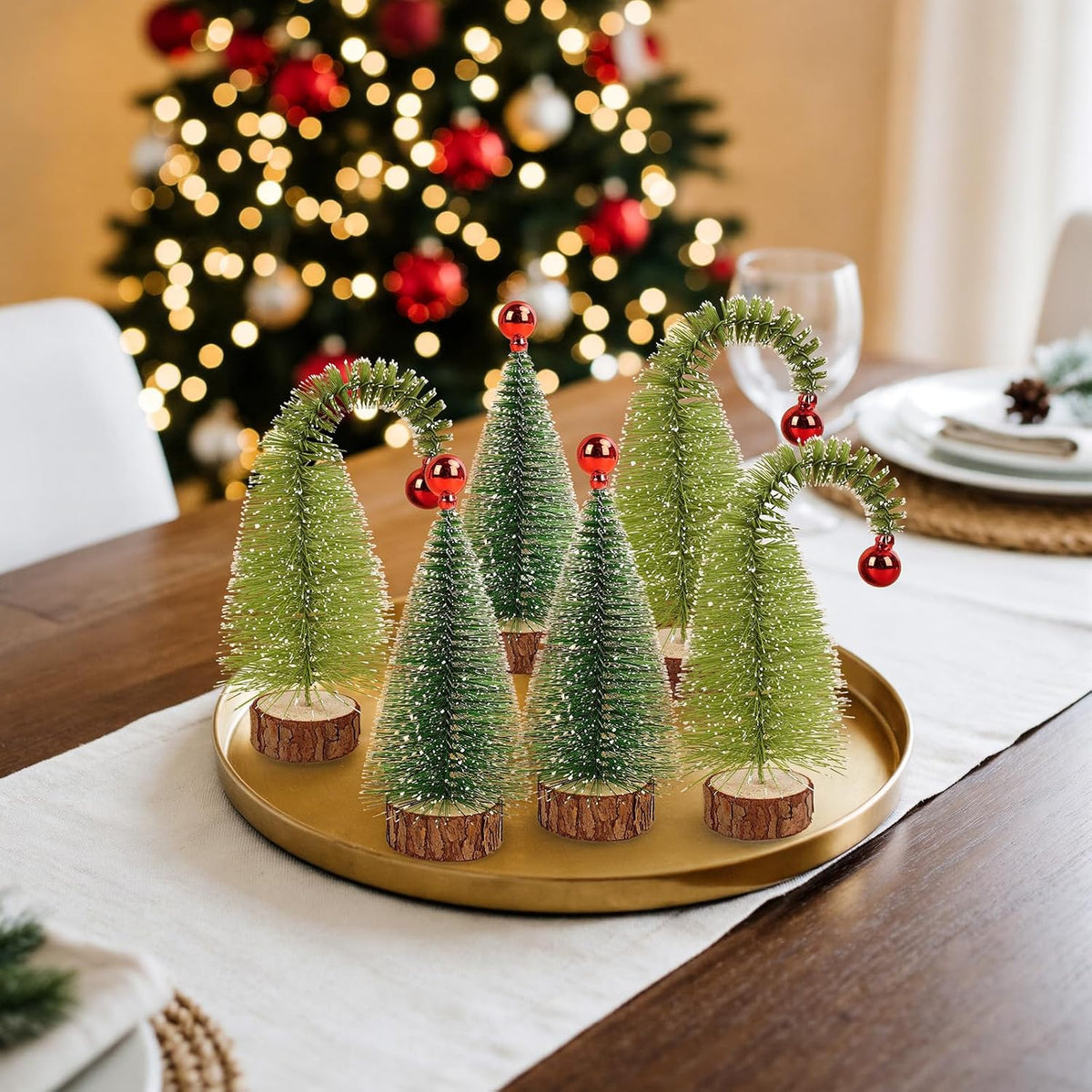 6 Pack 7" Mini Christmas Trees Curved & Straight Bottle Brush Sisal Trees