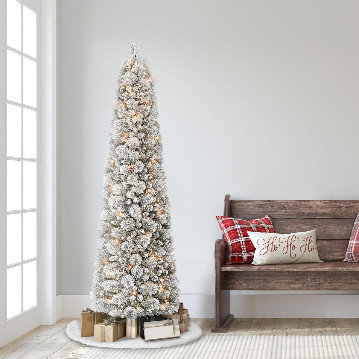 Puleo International 6.5ft Pre-Lit Flocked Portland Pine Pencil Christmas Tree with 300 Clear Lights, 410 Realistic Dense Snow Flocked Branch Tips, Easy Setup Artificial Trees with Sturdy Metal Stand