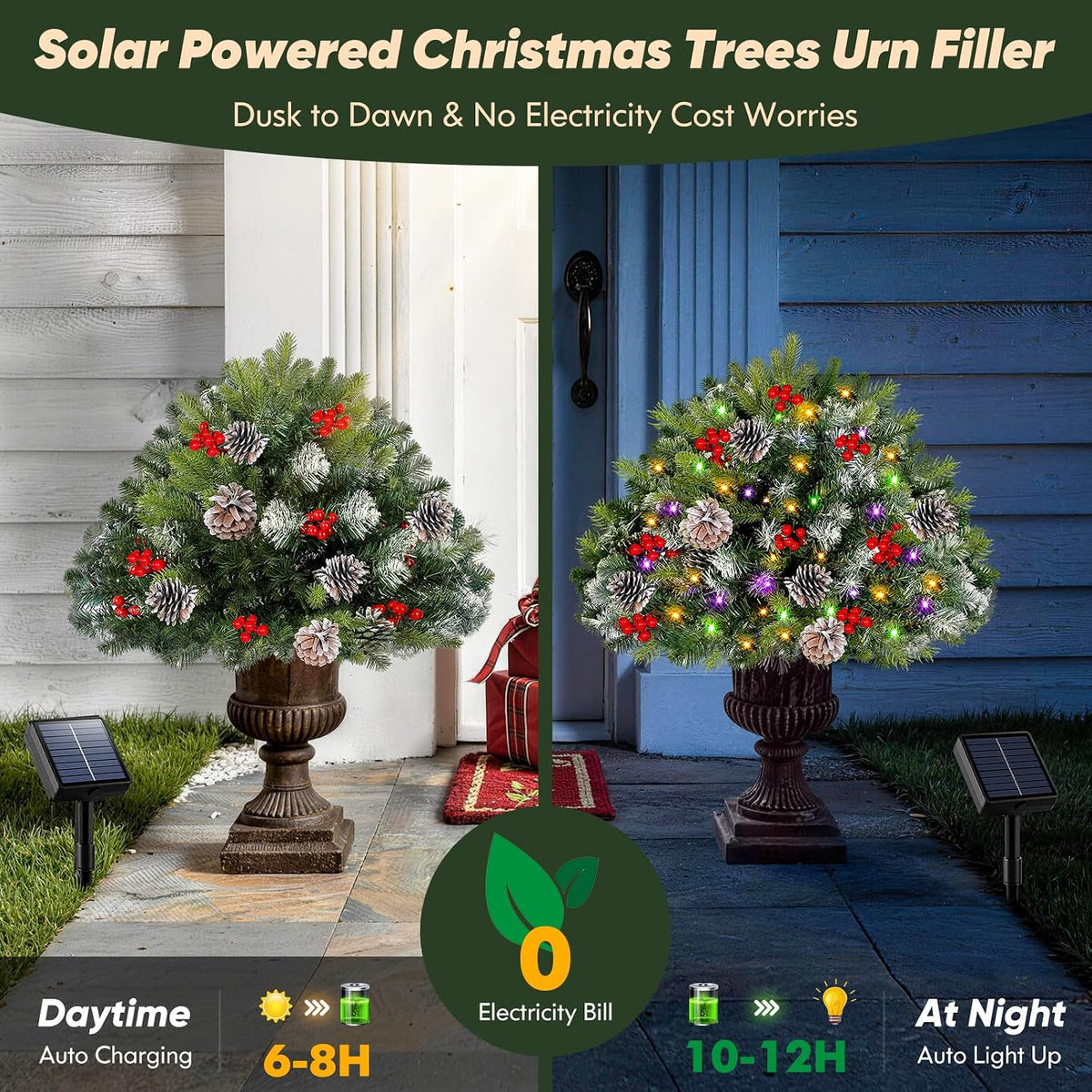 2-Pack Solar Christmas Tree Urn Filler, 26â€ Pre-lit Pathway Christmas Trees, Frosted Lighted Artificial Xmas Tree Solar-Power Outdoor DÃ©cor for House Yard, 8 Modes,50 LED Lights,Red Berries,Pine Cones