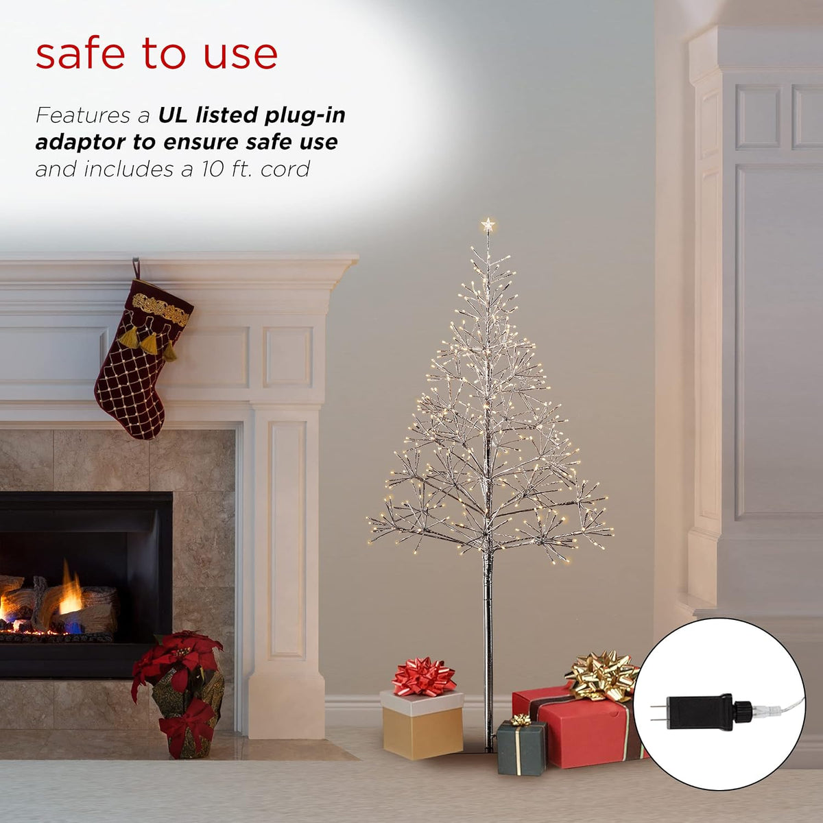 Alpine Corporation 53" Tall Artificial Christmas Tree with 380 Warm White LED Lights, Indoor/Outdoor Holiday Decoration with Flashing Lights for Porch or Lawn, Silver