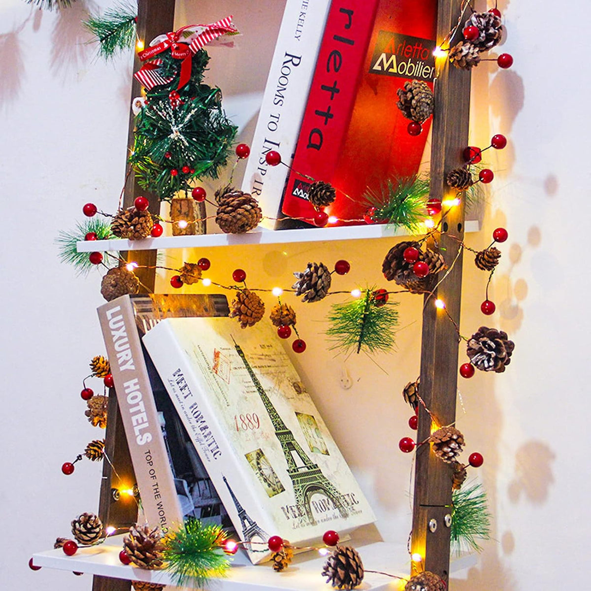 Christmas Garland with Lights, 10 Ft 30 LED Pine Cone Red Berry Decorations