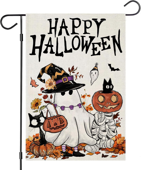 12×18 in Double-Sided Happy Halloween Garden Flag Spooky Ghost & Jack o’Lantern Yard Décor | USA Decoration®