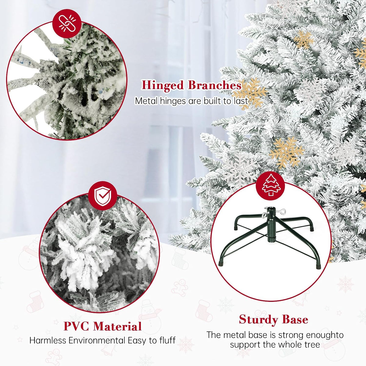 SUNCROWN 6ft Artificial Flocked Christmas Tree Premium Frosted Snow Christmas Tree Hinged Xmas Tree Holiday Decor for Indoor Outdoor, Foldable Metal Stand, 1000 Branch Tips, White