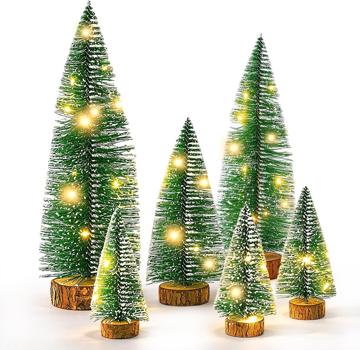 Mini Christmas Tree with Lights, Small Table Top Decorations, Desktop Miniature Pine Tree Xmas Holiday Decor Indoor Home, Bottle Brush Trees with Wooden Base, 6 Pcs with Light