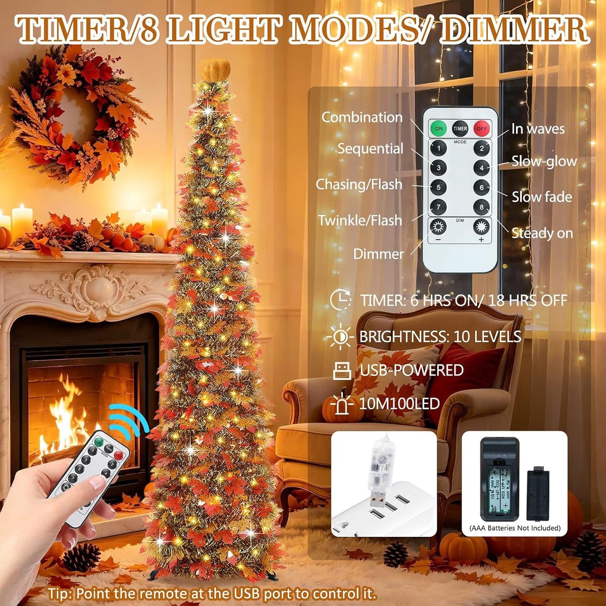 6 FT Pop Up Fall Tree with 100 LED Timer Lights & Pumpkin, Collapsible Maple Leaves Tinsel Thanksgiving Tree for Home Office Apartment Porch Autumn Christmas Holiday Decoration