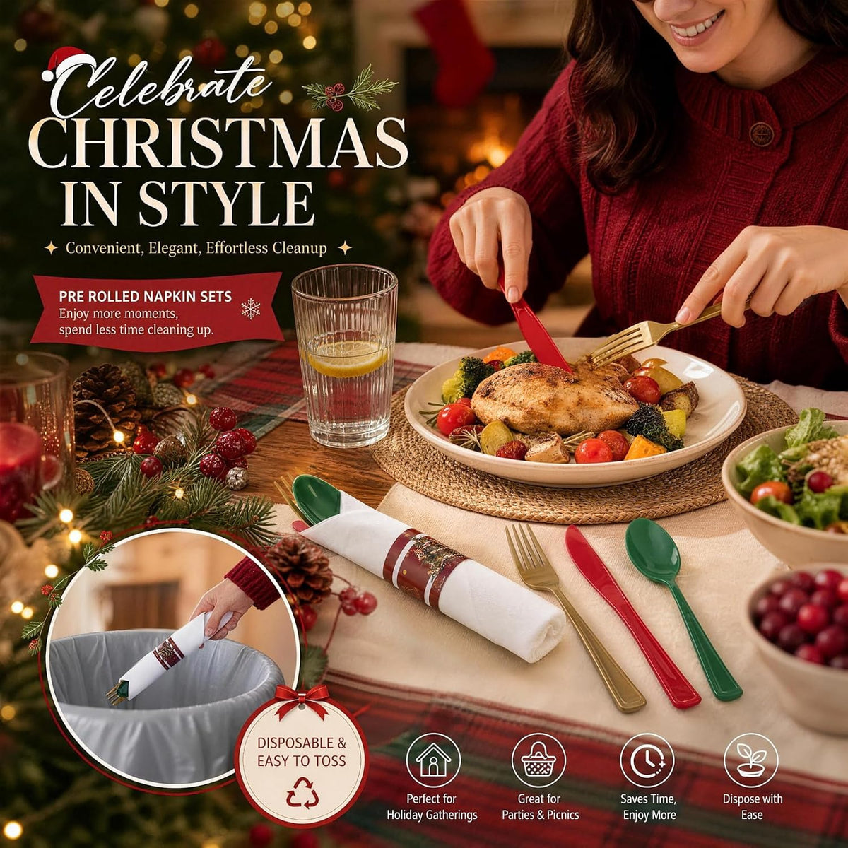 Liacere 100Pack Pre Rolled Silverware and Napkin - Wrapped Plastic Cutlery Set with Napkin:100 Gold Forks,100 Red Knives,100 Green Spoons,100 Napkins for Christmas