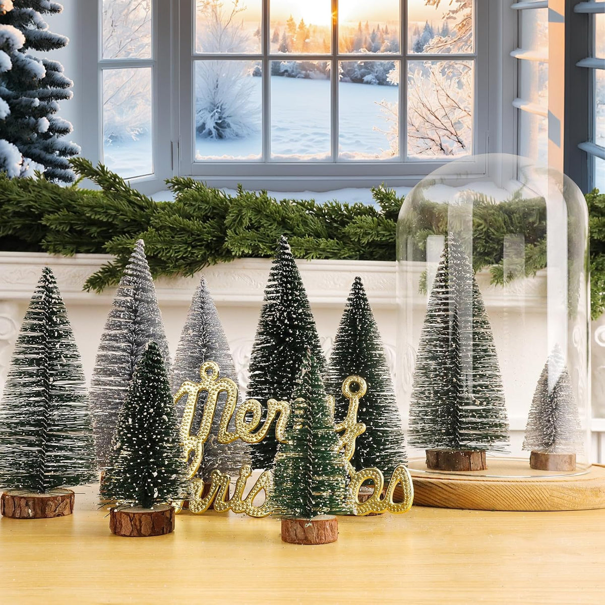 Mini Christmas Trees Christma Decor 9Pcs Artificial Christmas Decorations with 3 Sizes, Christmas Tree Bottle Brush Trees Christmas Table Decorations (Green,Silver,Dark Green)