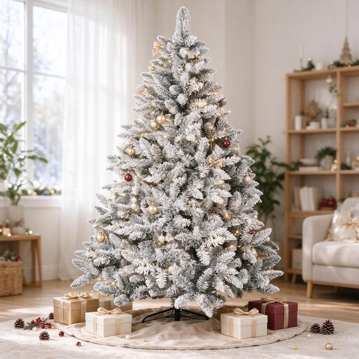 SUNCROWN 6ft Artificial Flocked Christmas Tree Premium Frosted Snow Christmas Tree Hinged Xmas Tree Holiday Decor for Indoor Outdoor, Foldable Metal Stand, 1000 Branch Tips, White