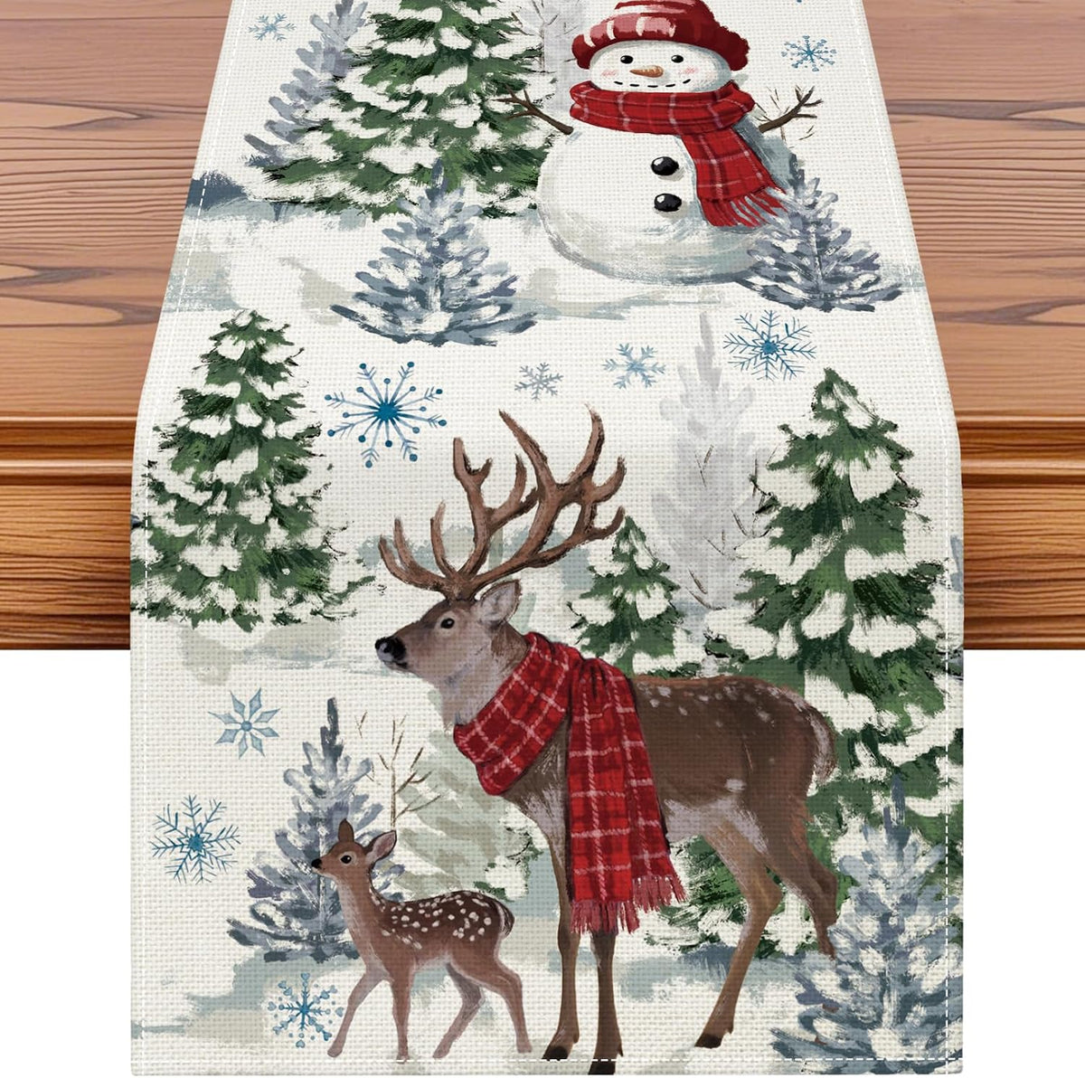 Artscope Reindeer Snowman Christmas Tree Table Runner, Xmas Winter Snowflakes Holiday Kitchen Dining Table Decoration for Christmas Home Party Decor 13x72 Inch-Beige