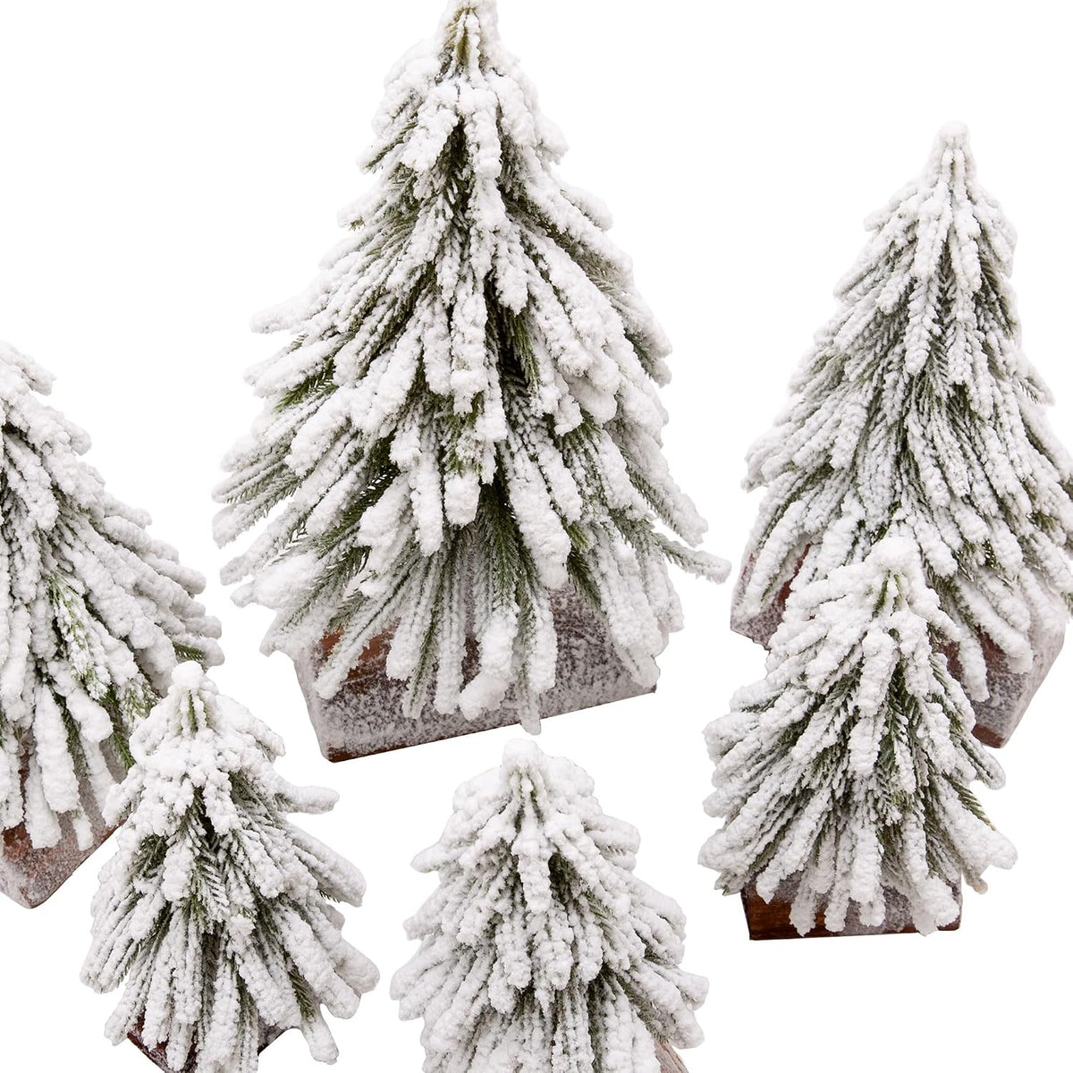 6pcs Mini Christmas Tree Small Christmas Tree Artificial Separate Tabletop Trees with Spray Snow Wooden Bases for Winter Village Decorations Home Kitchen