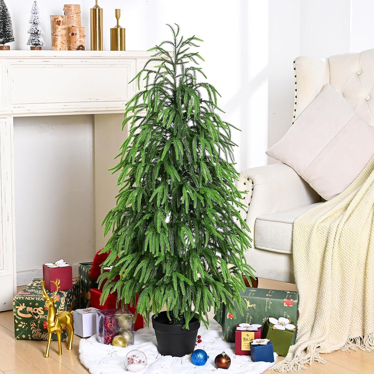 Artificial Norfolk Pine Tree, 4 ft Realistic Christmas Tree, Fake Potted Plants for Front Porch Outdoor Indoor Garden Christmas Decor
