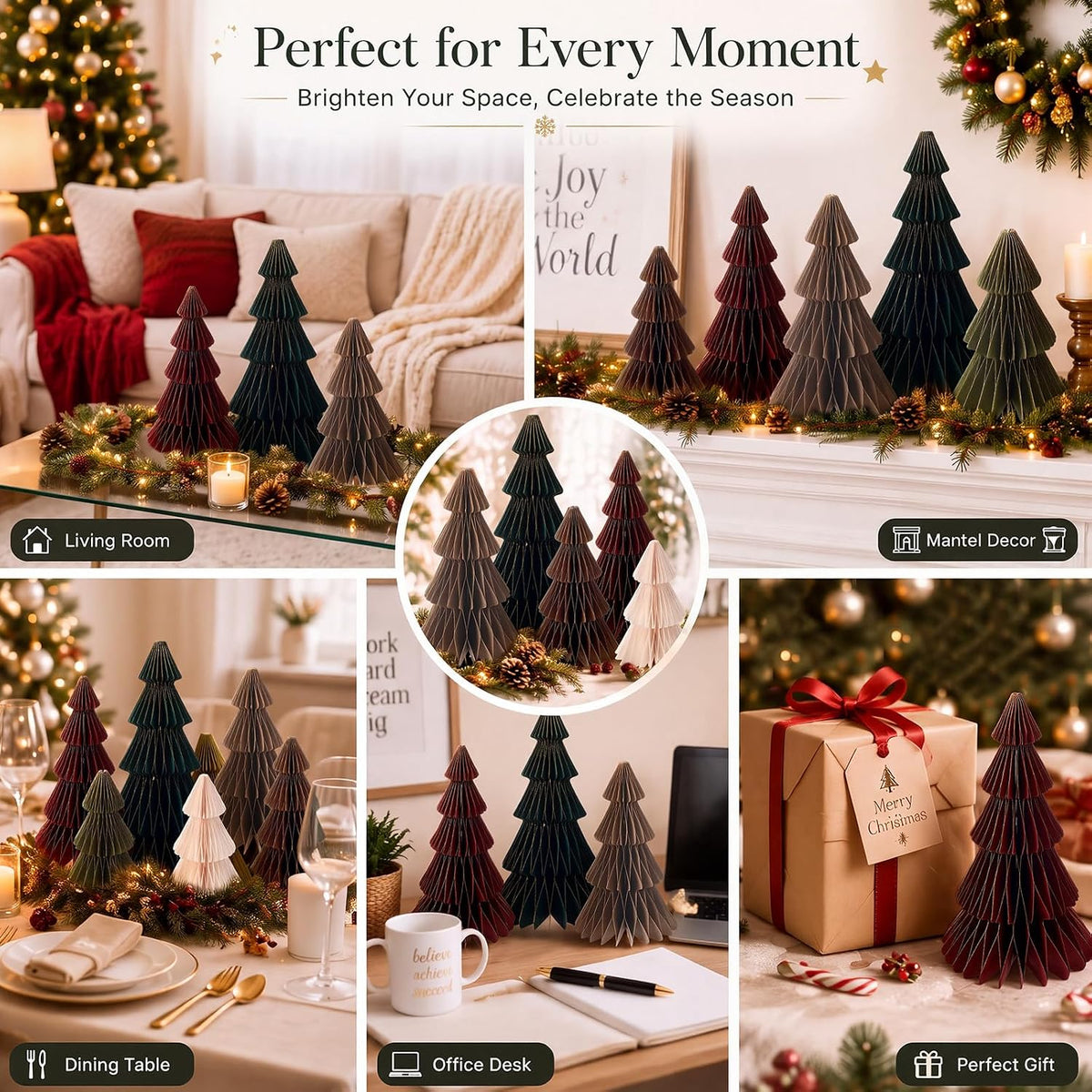 Cinnvoice 6 Pcs Modern Paper Christmas Tree Honeycomb Table Centerpiece